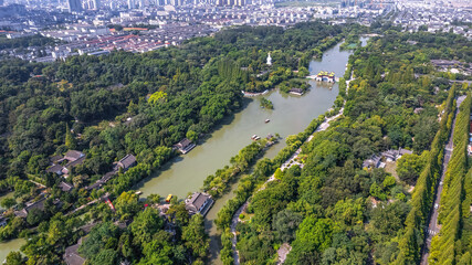 Fototapeta na wymiar Aerial photography of Slender West Lake Park scenery in Yangzhou, China