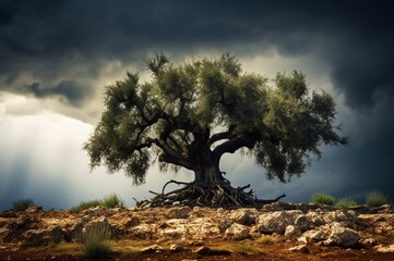 Árbol olivo centenario aislado en un día de tormenta