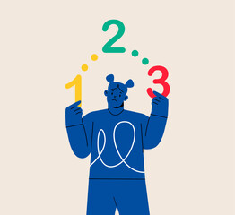 Obsessive compulsive disorder symptoms with girl fear, has intrusive thoughts and counting. OCD concept. Colorful vector illustration