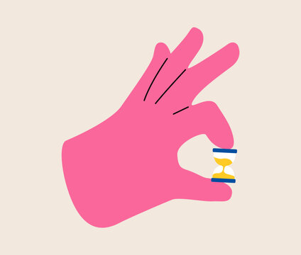 Giant hands holding tiny sand clock. Time management concept. Colorful vector illustration
