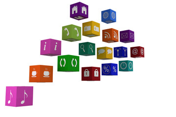Digital png illustration of digital icons on colourful cubes on transparent background