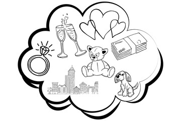 Digital png illustration of cloud with childhood symbols on transparent background
