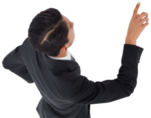 Digital png photo of biracial businessman pointing with finger on transparent background