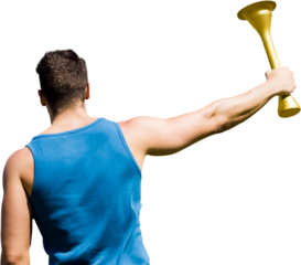 Digital png photo of caucasian male athlete holding gold cup on transparent background