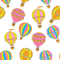 Naklejka premium Seamless pattern with Hot Air Balloon on white. Vector colorful endless background