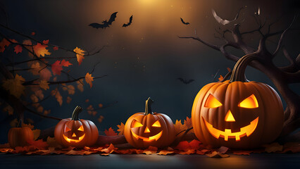 Halloween background with scary pumpkins at night.