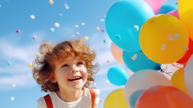 Cheerful funny child holding colourful balloons on a sky background. Generative AI