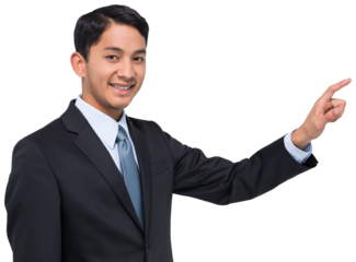 Digital png photo of biracial businessman touching virtual screen on transparent background