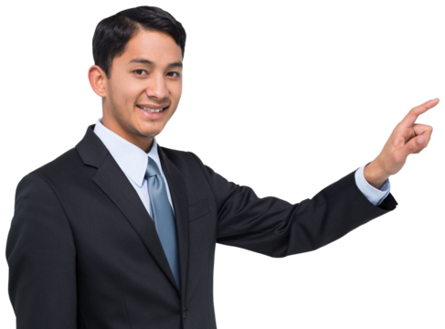 Digital png photo of biracial businessman touching virtual screen on transparent background