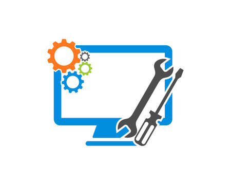 Computer with wrench, screwdriver and gear vector illustration
