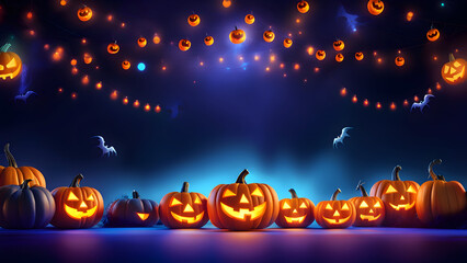 Neon lights halloween background with pumpkins.