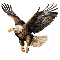 Eagle in flight, shadowless, super detailed, sharp, whole image, highest resolution, realistic on a white background.