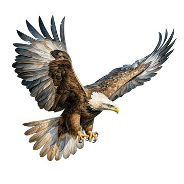 Eagle in flight, shadowless, super detailed, sharp, whole image, highest resolution, realistic on a white background.