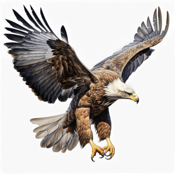 Eagle in flight, shadowless, super detailed, sharp, whole image, highest resolution, realistic on a white background.