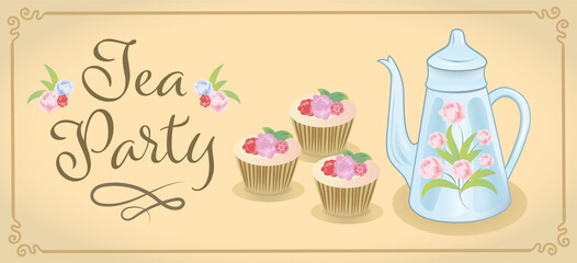 Digital png illustration of teapot, cupcakes and tea party text on beige and transparent background