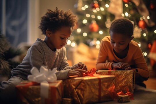 African American Kids Opening Christmas Gifts, Black Children Having New Year Presents In The Living Room At Night