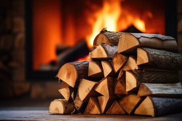Pile of firewood for fireplace at home near the stove