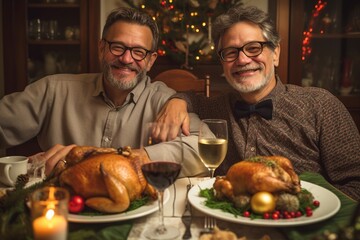 mature gay couple smiling at Christmas dinner, middle aged LGBTIQQ marriage celebrating new year night having fun together, men in their 50s having a good time on December - obrazy, fototapety, plakaty