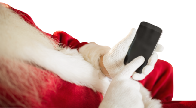 Digital png photo of midsection of santa claus using smartphone on transparent background