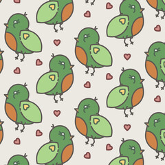 Digital png illustration of green birds and hearts repeated on transparent background