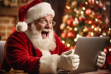 excited Santa claus shopping online using a laptop, surprised or amazed and cheering up smiling happy
