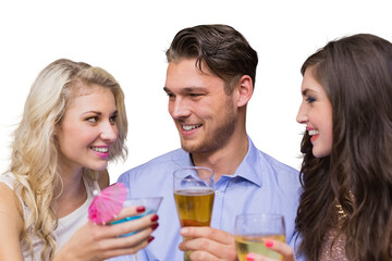 Digital png photo of happy caucasian female and male friends with drinks on transparent background