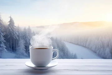 Foto op Plexiglas Hot steaming tea cup standing on wooden table with background of winter forest and river © Aleksandr Bryliaev