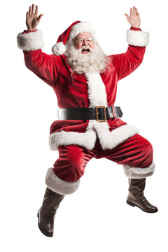 happy excited santa claus jumping, isolated on a white or transparent background, png transparency