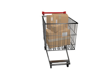 Digital png illustration of shopping trolley with cardboard boxes on transparent background