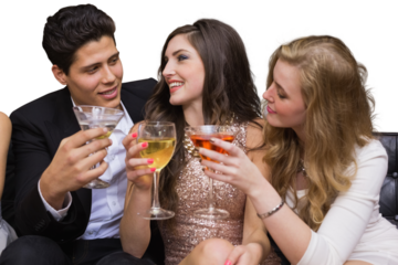 Digital png photo of diverse male and female friends with drinks talking on transparent background
