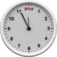 Digital png illustration of 2019 text on white clock at 5 to 12 on transparent background