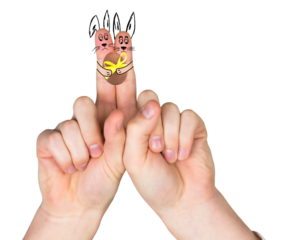 Digital png illustration of fingers with easter rabbits on transparent background