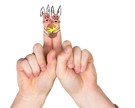 Digital png illustration of fingers with easter rabbits on transparent background - Powered by Adobe