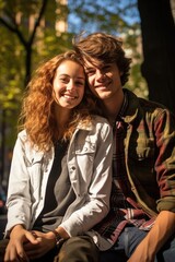 Fototapeta premium Portrait of a happy romantic teenagers couple outdoors in a New York city park in a sunny day. Generative AI