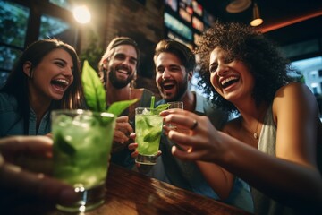 Group of friends having fun and drinking cocktails at bar counter in pub
