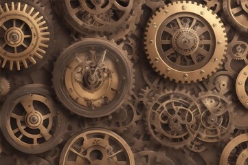 Fototapeta na wymiar A steampunk-inspired wallpaper filled with intricate gears, cogs, and Victorian-era machinery.Created with generative AI