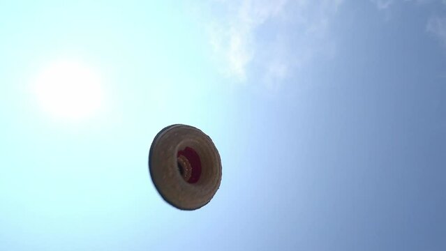 A wide-brimmed cone hat or Zapata sombrero flying