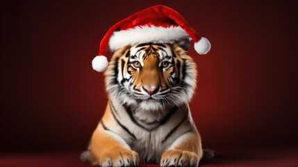 a photograph of tiger wearing santa clause costume and hat for christmas celebration generative ai