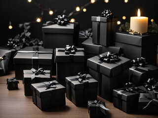 Arranged Gifts boxes wrapped in black paper with black ribbon on black background. Christmas concept
Wrapped Gift Boxes with black paper flowers and decorations and square gift tag,Mockup  High angle 