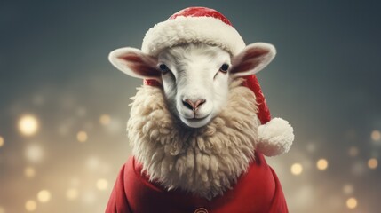 a photograph of sheep wearing santa clause costume and hat for christmas celebration generative ai
