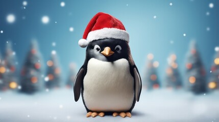 a photograph of pinguin wearing santa clause costume and hat for christmas celebration generative ai