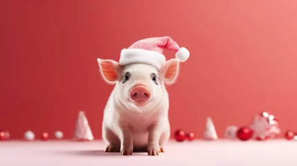 Fotobehang a photograph of pig wearing santa clause costume and hat for christmas celebration generative ai © Leaf