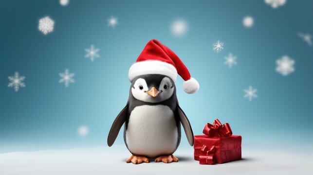 a photograph of pinguin wearing santa clause costume and hat for christmas celebration generative ai