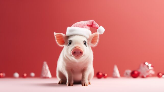 a photograph of pig wearing santa clause costume and hat for christmas celebration generative ai