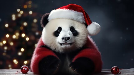 a photograph of panda wearing santa clause costume and hat for christmas celebration generative ai