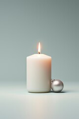 Obraz na płótnie Canvas A minimalist setting featuring a white candle with a festive ornament beside it, capturing the essence of Christmas