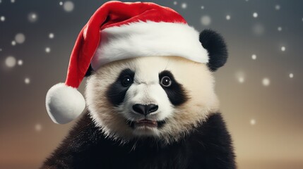 a photograph of panda wearing santa clause costume and hat for christmas celebration generative ai