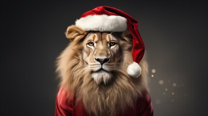 a photograph of lion king wearing santa clause costume and hat for christmas celebration generative ai - obrazy, fototapety, plakaty