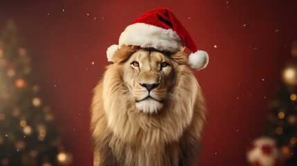 a photograph of lion king wearing santa clause costume and hat for christmas celebration generative ai