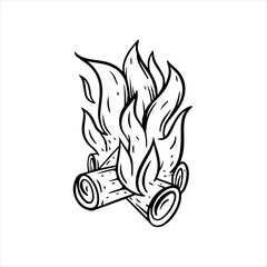 Campfire black color sign. Sketch art flat vector illustration.